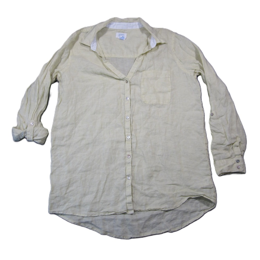 Sigrid Olsen Linen Tunic Shirt Size M Pale Yellow Roll Tab Sleeve Coastal Beachy
